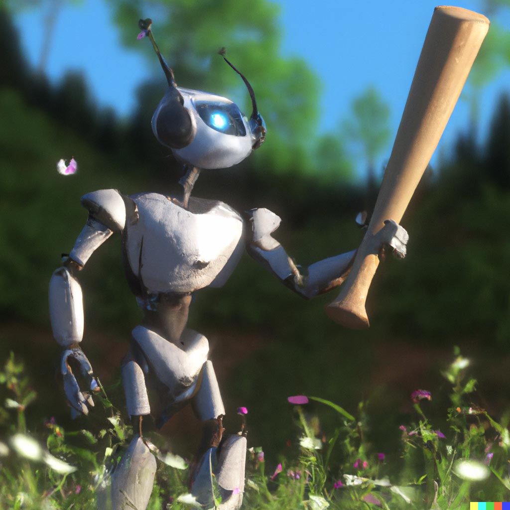 DALL·E prompt: spring meadow optimistic rookie robot swinging a baseball bat, digital art